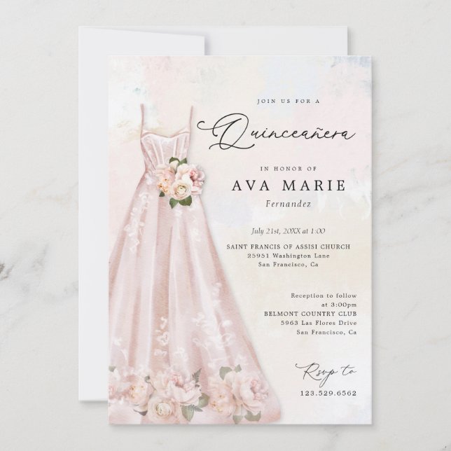 Blush Pink Floral Quinceañera Birthday Photo Invitation (Front)