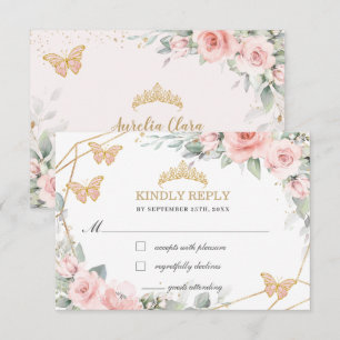 Blush Pink Floral Quinceañera Butterflies Reply RSVP Card