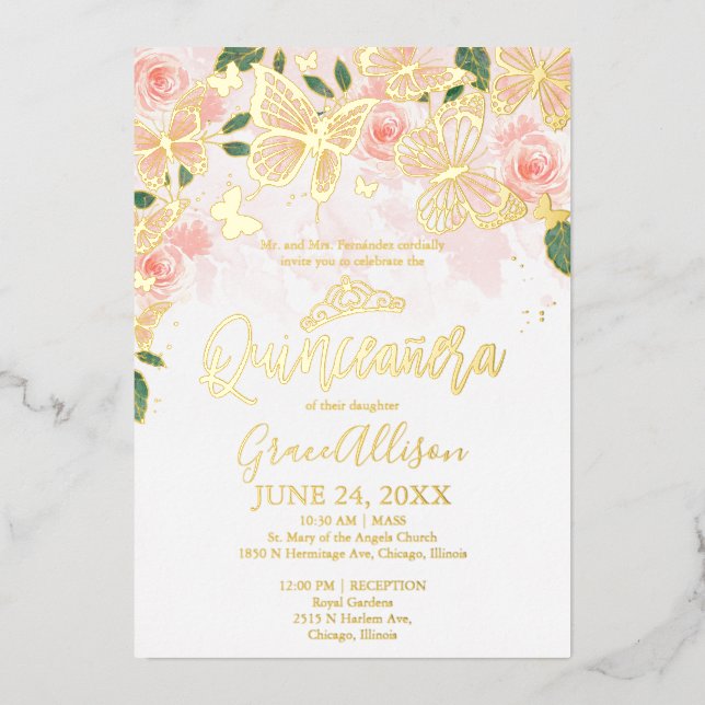 Blush Pink Floral Quinceanera Butterfly Gold  (Front)