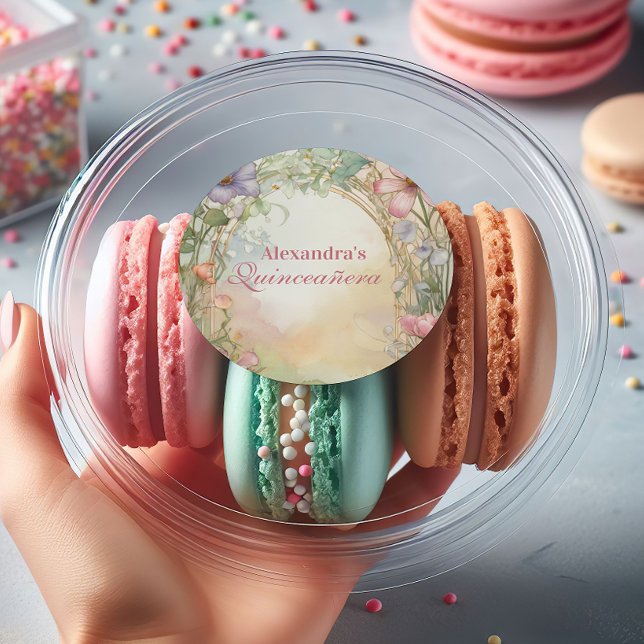 Blush Pink Floral Quinceanera Celebration Classic Round Sticker (Creator Uploaded)