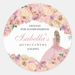 Blush Pink Floral Quinceanera Classic Round Sticke Sticker