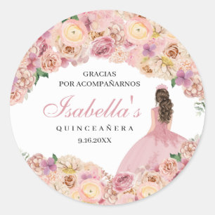 Blush Pink Floral Quinceanera Classic Round Sticke Sticker