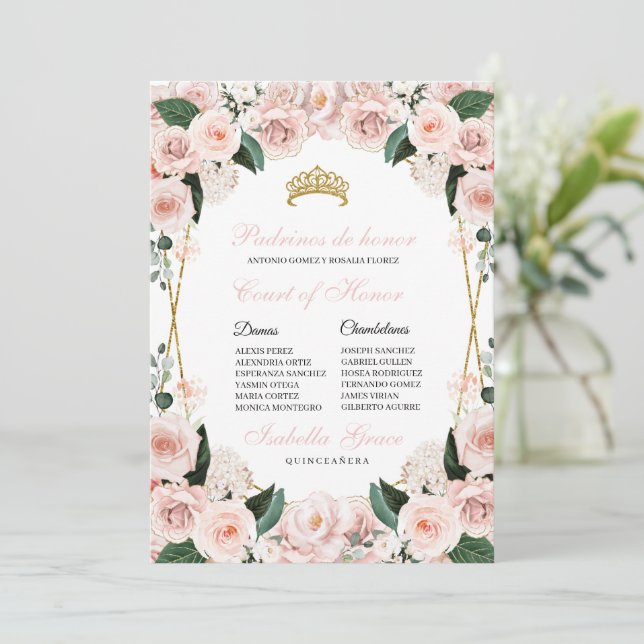 Blush Pink Floral Quinceanera Court of Honour Invitation (Standing Front)