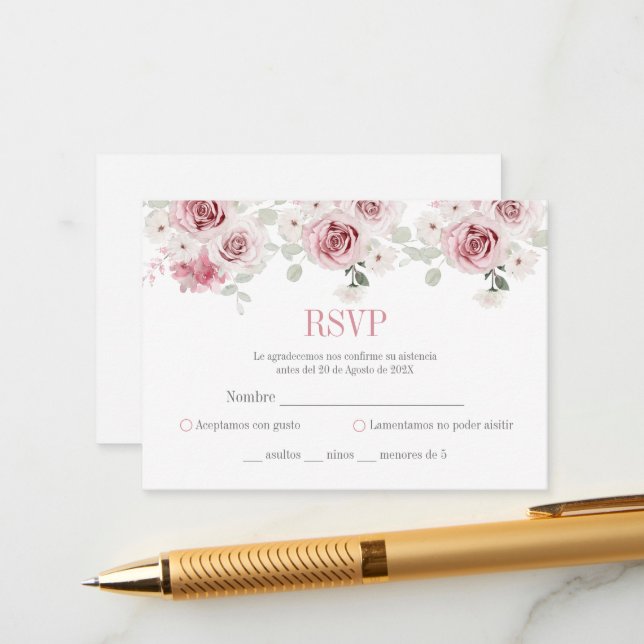 Blush Pink Floral Quinceañera Enclosure Card (Front/Back In Situ)