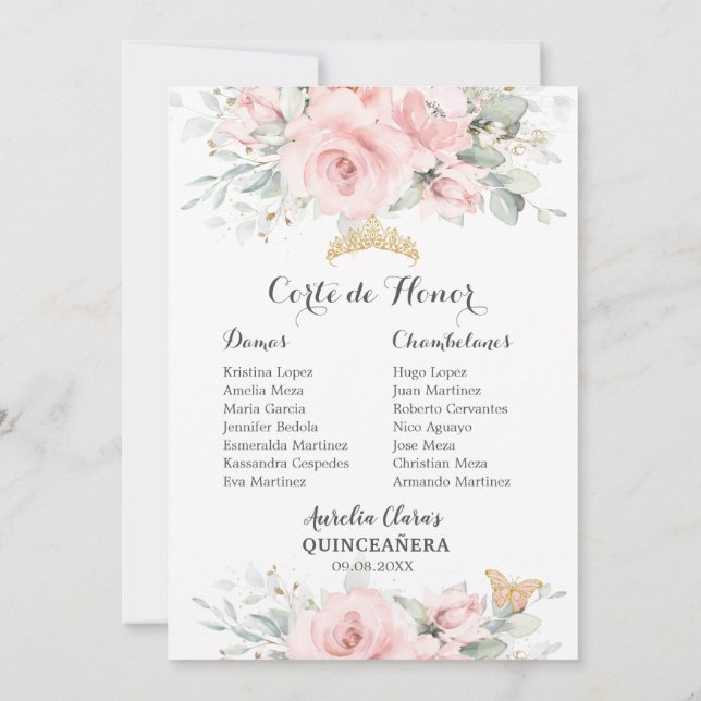 Blush Pink Floral QUINCEAÑERA Padrinos Damas Card (Back)