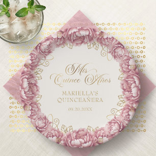 Blush Pink Floral Quinceanera Paper Plate