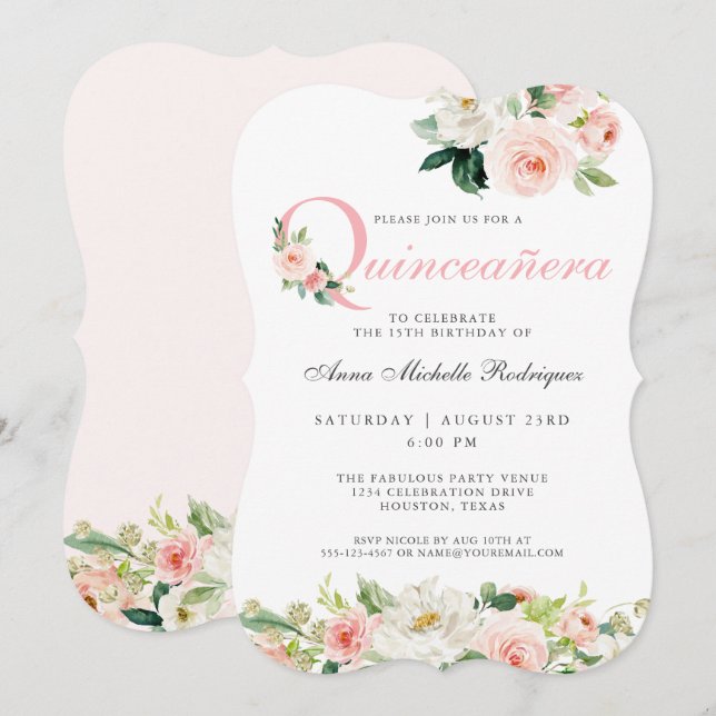 Blush Pink Floral Quinceanera Party Celebration Invitation (Front/Back)