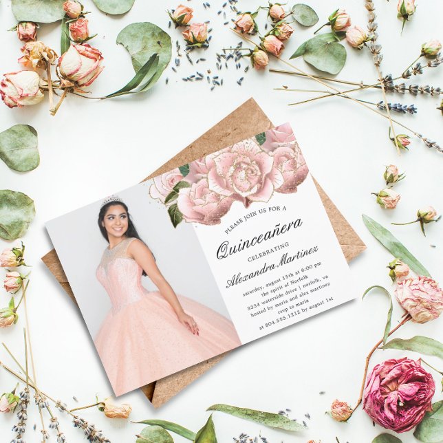 Blush Pink Floral Quinceanera Photo Invitation (Creator Uploaded)