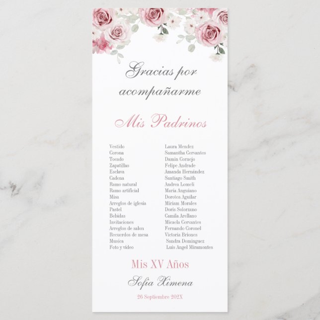 Blush Pink Floral Quinceañera Programme (Back)