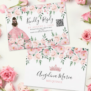 Blush Pink Floral Quinceanera QR Code RSVP Card