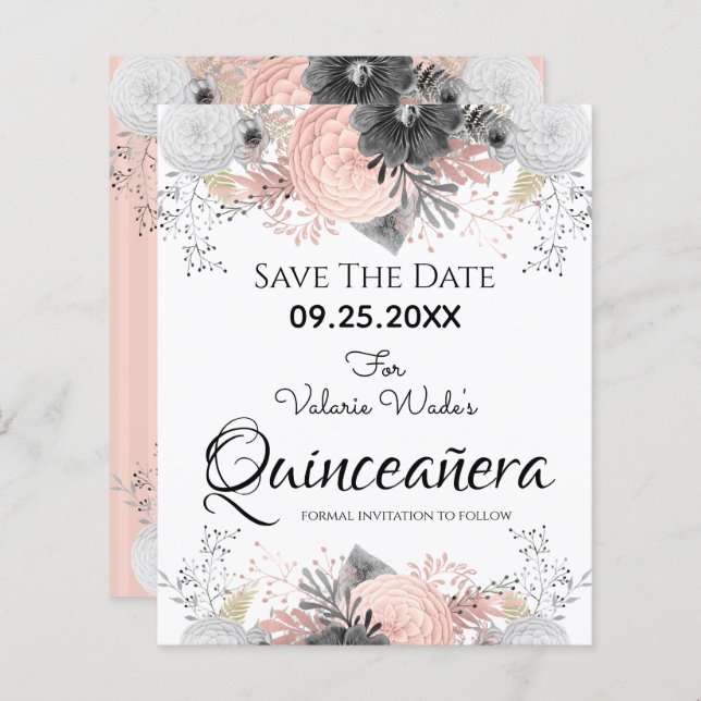 Blush Pink Floral Quinceanera Save the Date (Front/Back)