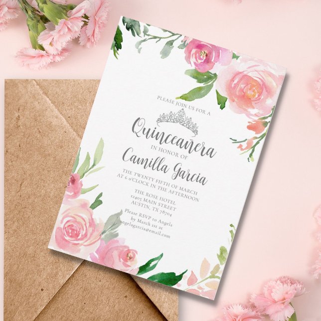 Blush Pink Floral Quinceañera Silver Tiara Elegant Invitation (Creator Uploaded)