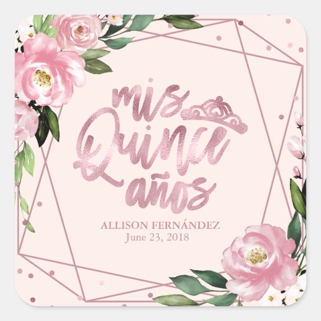Blush Pink Floral Quinceanera Square Sticker (Front)