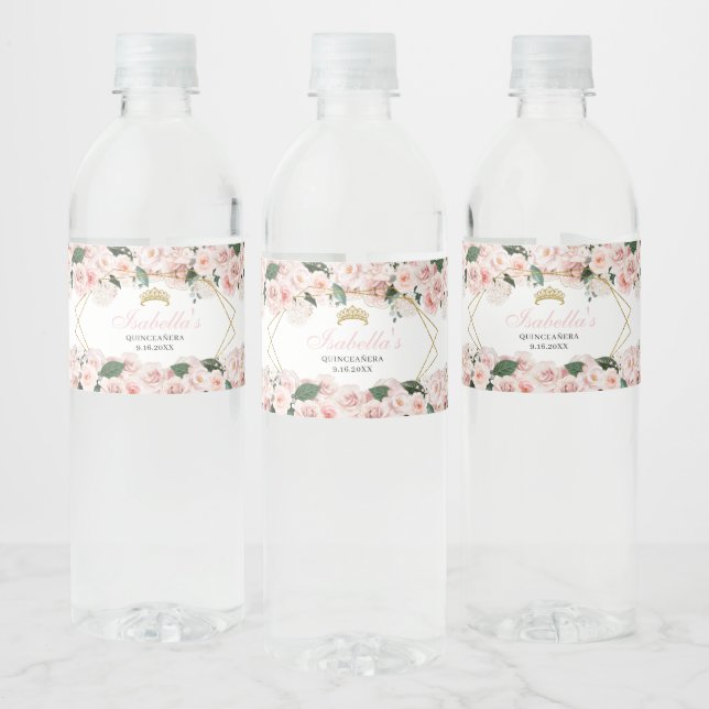 Blush Pink Floral Quinceanera Water Bottle Label (Bottles)