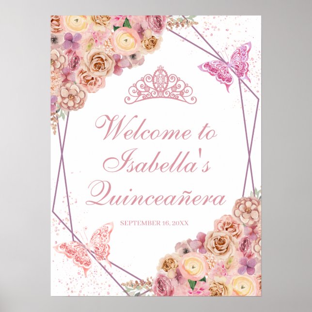 Blush Pink Floral Quinceanera Welcome Sign (Front)