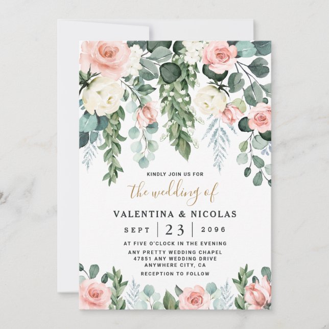 Blush Pink Floral Rose Garden Watercolor Wedding Invitation (Front)