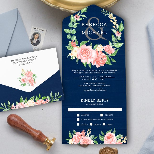 Blush Pink Floral Rose Garland Navy Blue Wedding All In One Invitation (Creator Uploaded)