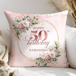 Blush Pink Floral Rose Gold 50th Birthday Pillow 