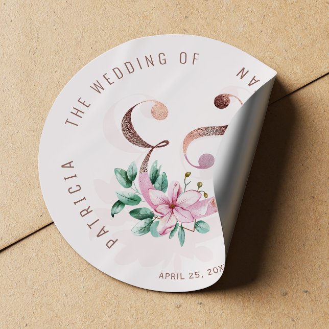 Blush pink floral rose gold ampersand wedding classic round sticker (Creator Uploaded)