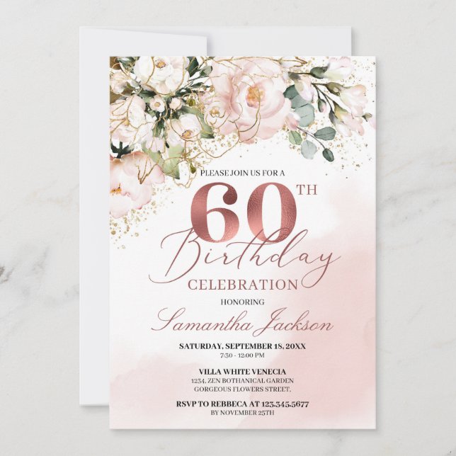 Blush pink floral rose gold boho 60th birthday invitation (Front)