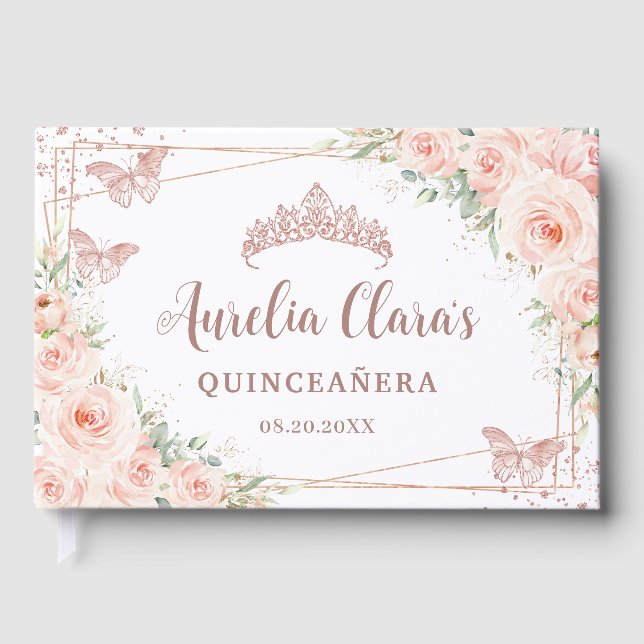 Blush Pink Floral Rose Gold Butterfly Quinceanera Guest Book (Front)