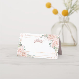 Blush Pink Floral Rose Gold Crown Quinceañera  Place Card