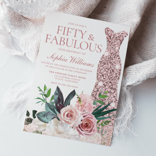 Blush Pink Floral Rose Gold Dress 50th Birthday Invitation