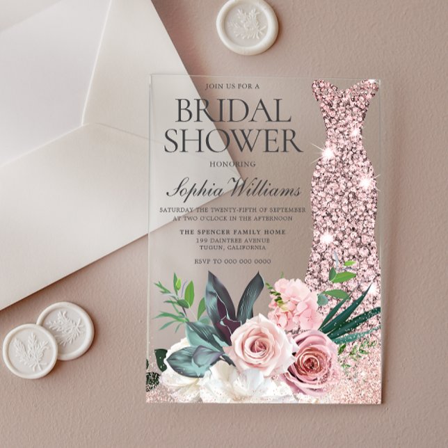 Blush Pink Floral Rose Gold Dress Bridal Shower Acrylic Invitations (Creator Uploaded)