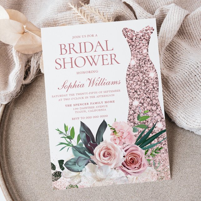 Blush Pink Floral Rose Gold Dress Bridal Shower Invitation (Creator Uploaded)