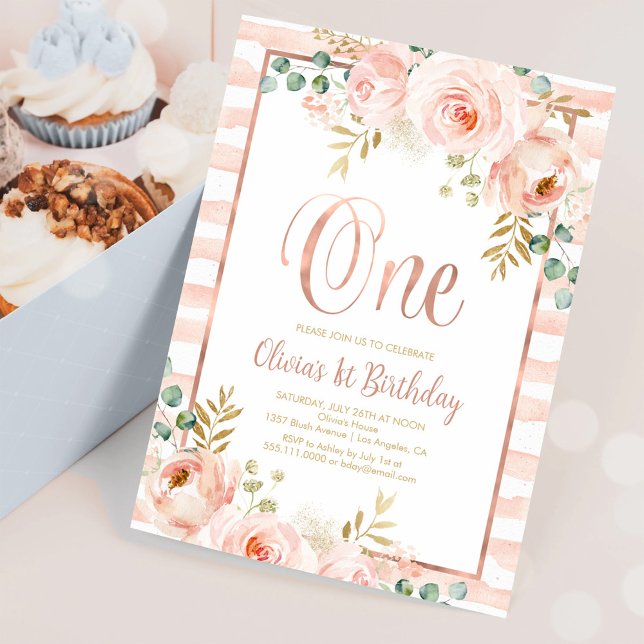 Blush Pink Floral Rose Gold First Birthday Invitation (Creator Uploaded)