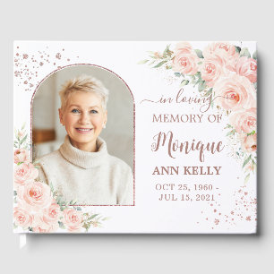 Blush Pink Floral Rose Gold Memorial Funeral Photo Guest Book