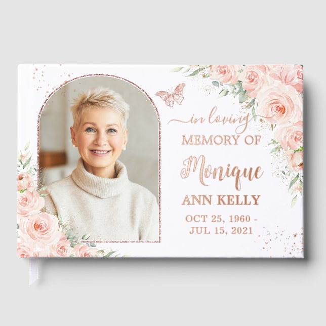 Blush Pink Floral Rose Gold Memorial Funeral Photo Guest Book (Front)