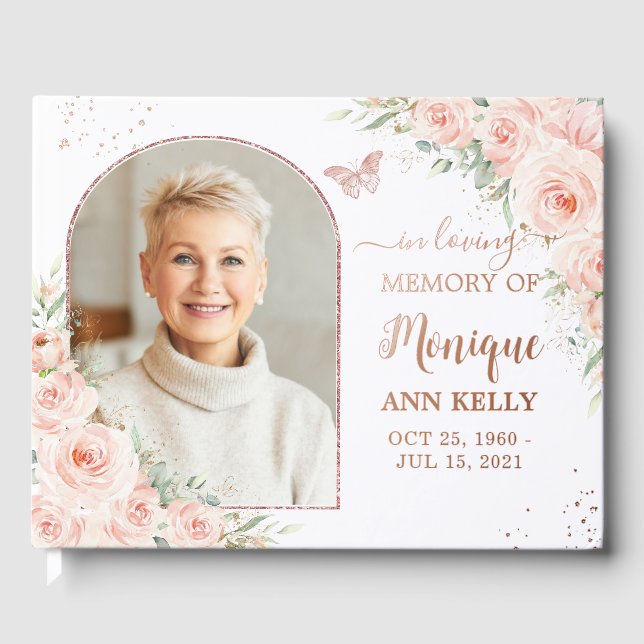 Blush Pink Floral Rose Gold Memorial Funeral Photo Guest Book (Front)