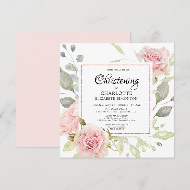 Blush Pink Floral Rose Gold Square Christening Invitation (Front/Back)
