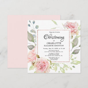 Blush Pink Floral Rose Gold Square Christening Invitation