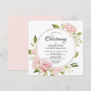 Blush Pink Floral Rose Gold Watercolor Christening Invitation