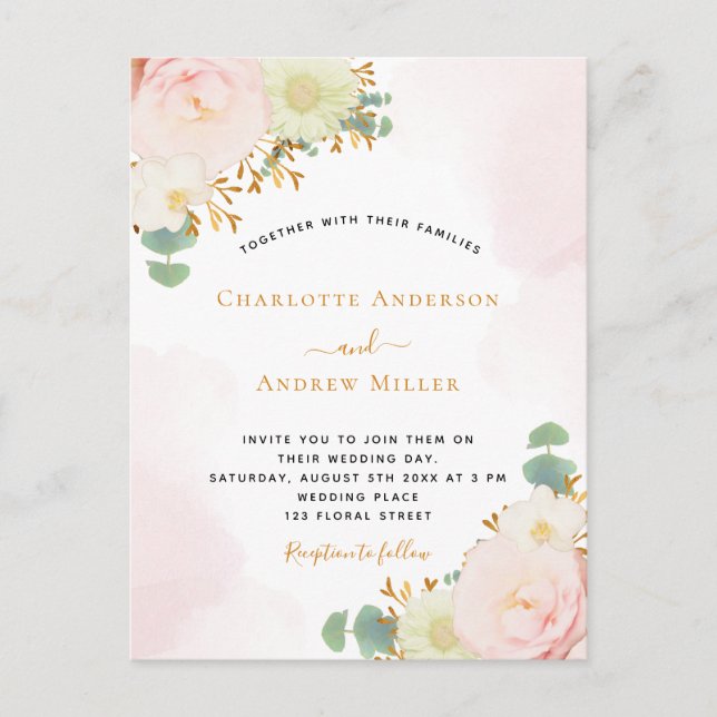 Blush pink floral rose gold wedding invitation postcard (Front)