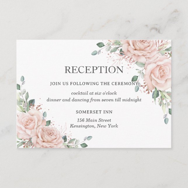 Blush Pink Floral Rose Gold Wedding Reception Enclosure Card (Front)