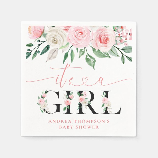 Blush Pink Floral Rose It's A Girl Baby Shower Napkin (Front)