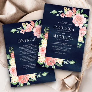 Blush Pink Floral Roses All in One Navy Wedding Invitation