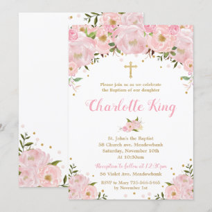 Blush Pink Floral Roses Baptism Christening Invitation