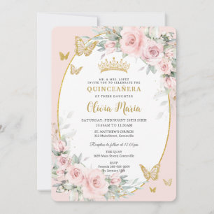 Blush Pink Floral Roses Butterflies Quinceañera Invitation