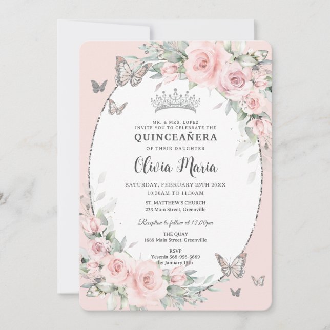 Blush Pink Floral Roses Butterflies Quinceañera Invitation (Front)