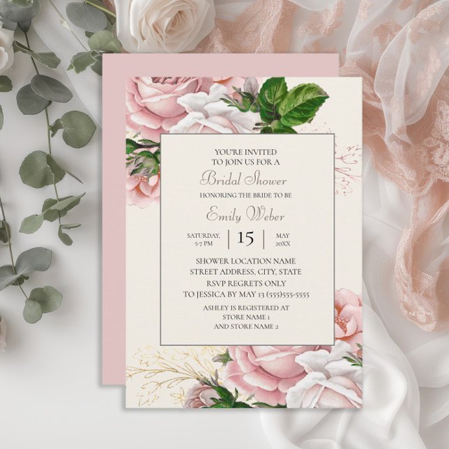 Blush Pink Floral Roses Cream Bridal Shower Invitation (Blush pink vintage floral bridal shower invitation)