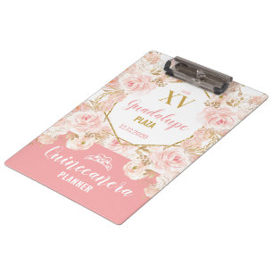 Blush Pink Floral Roses & Glitter Quinceañera Clipboard