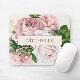 Blush Pink Floral Roses Name Mouse Mat