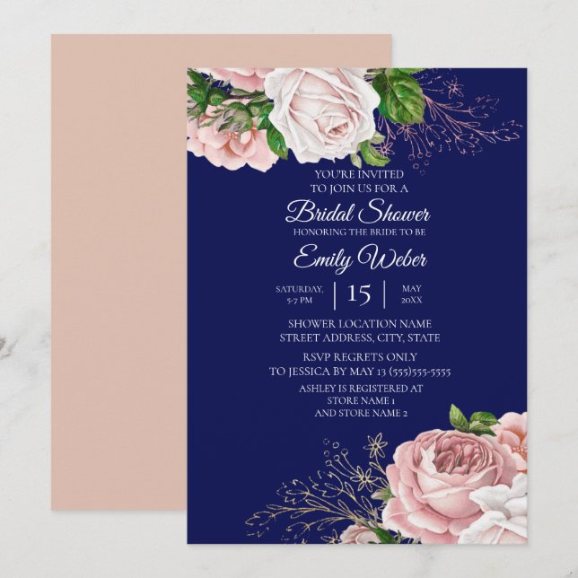 Blush Pink Floral Roses Navy Blue Bridal Shower Invitation (Front/Back)
