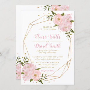 Blush Pink Floral Roses Peonies Geometric Wedding Invitation