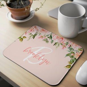 Blush Pink Floral Roses Script Monogram Mouse Mat