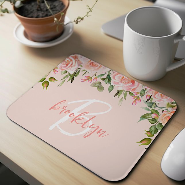 Blush Pink Floral Roses Script Monogram  Mouse Mat (Creator Uploaded)